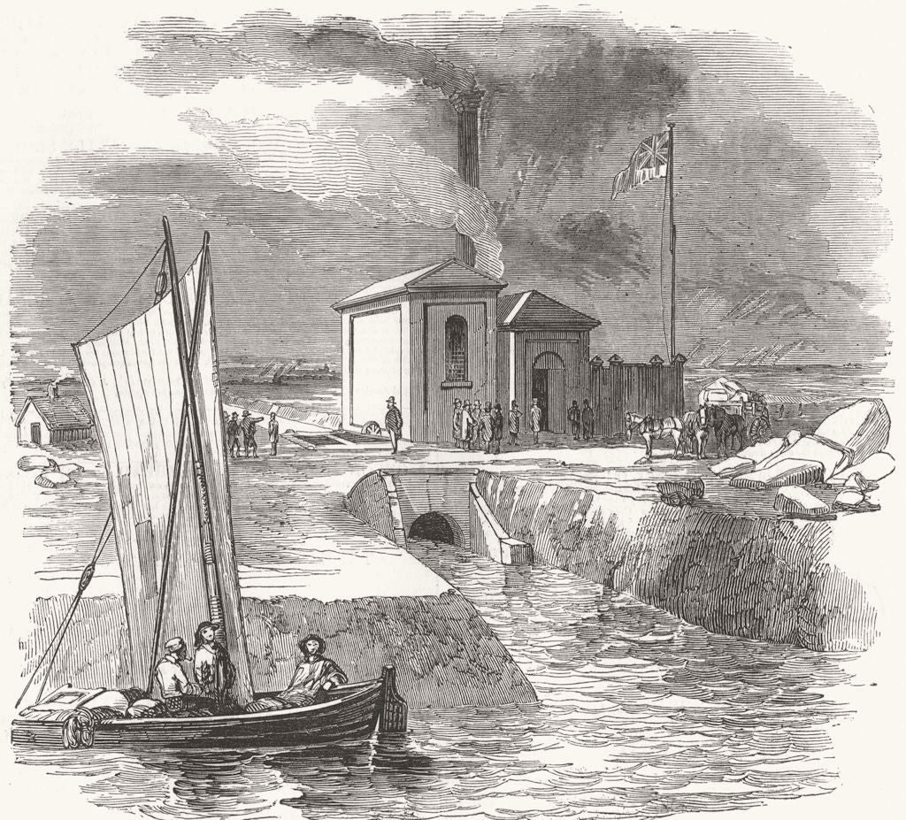 CAMBRIDGESHIRE. Drainage of Whittlesea Mere-Appold's Pump 1851 print